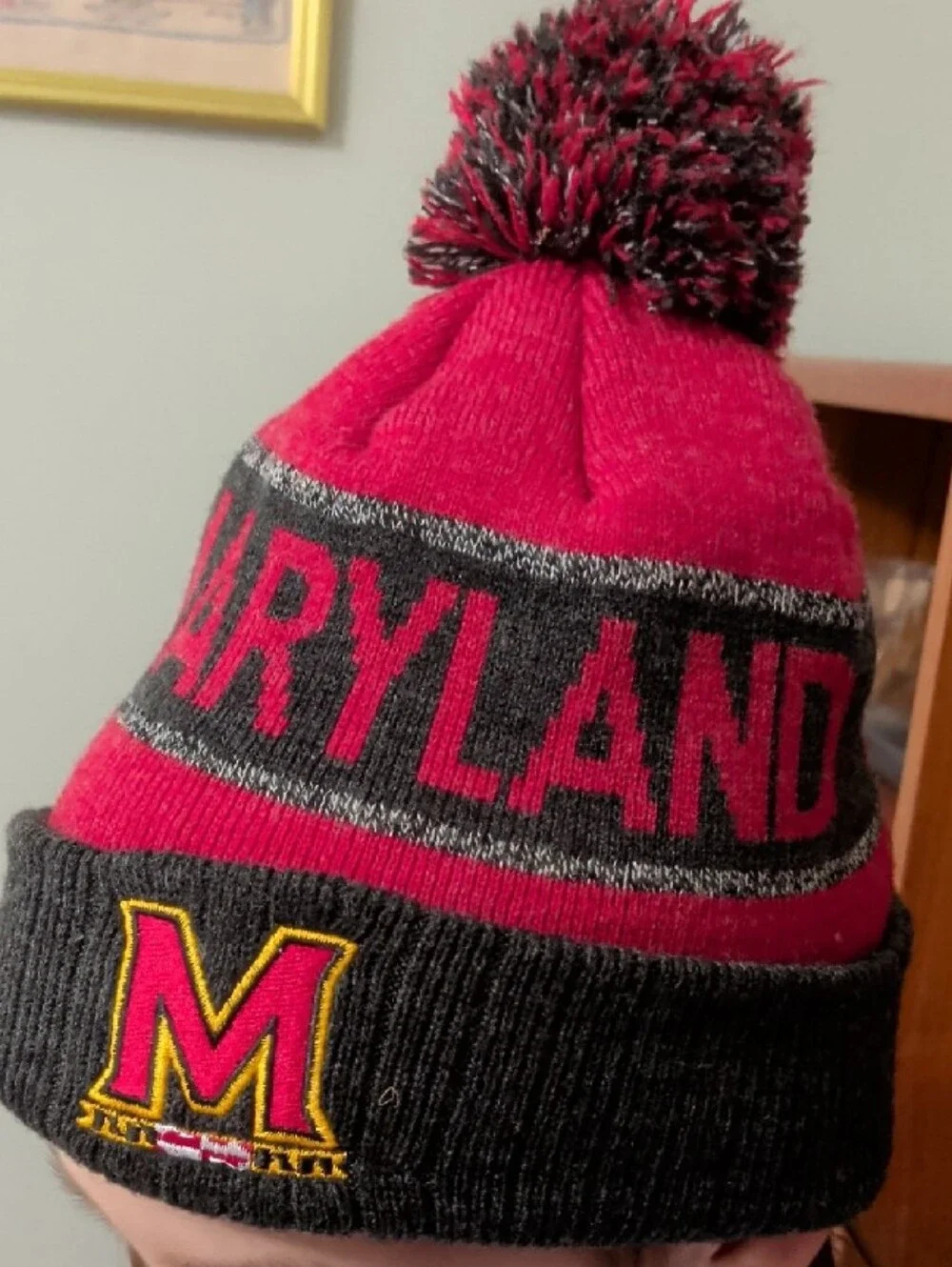Kids Pom Beanie Maryland Terrapins Hat - Red & Gray